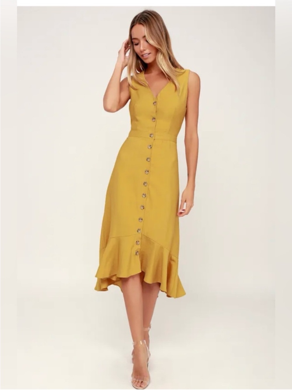 Lulu's Mustard Button-Front High-Low Dress